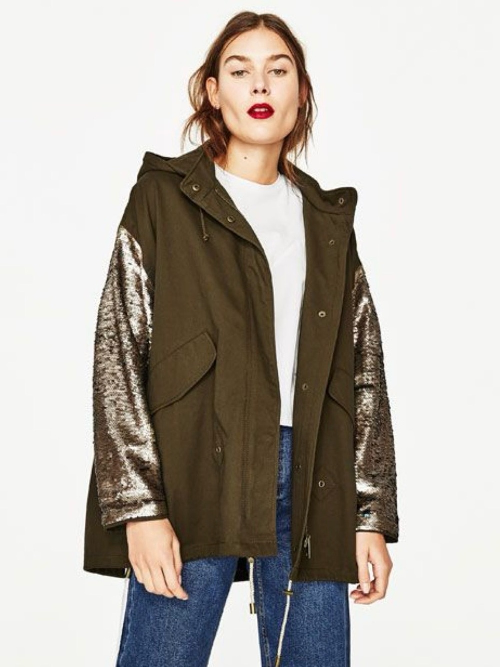 Zara Gold & Navy Sequin-Sleeve Oversized Hooded Parka Jacket - Olive Green XS